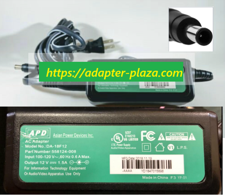 *Brand NEW*APD DA-18F12 558124-008 12V DC 1.5A AC ADAPTER Asian Power Adapter